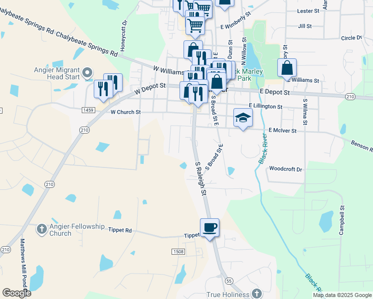 map of restaurants, bars, coffee shops, grocery stores, and more near 304 South Raleigh Street in Angier
