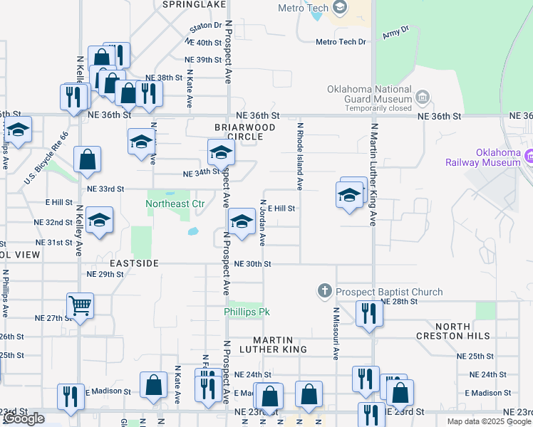 map of restaurants, bars, coffee shops, grocery stores, and more near 1601 East Hill Street in Oklahoma City