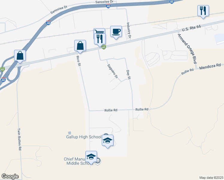 map of restaurants, bars, coffee shops, grocery stores, and more near 3068 Pueblo Court in Gallup