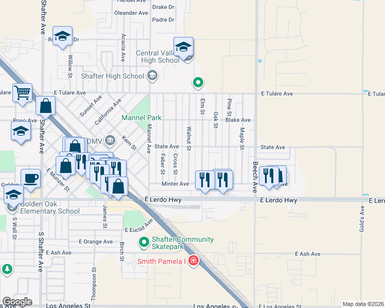 map of restaurants, bars, coffee shops, grocery stores, and more near 278 Walnut Street in Shafter