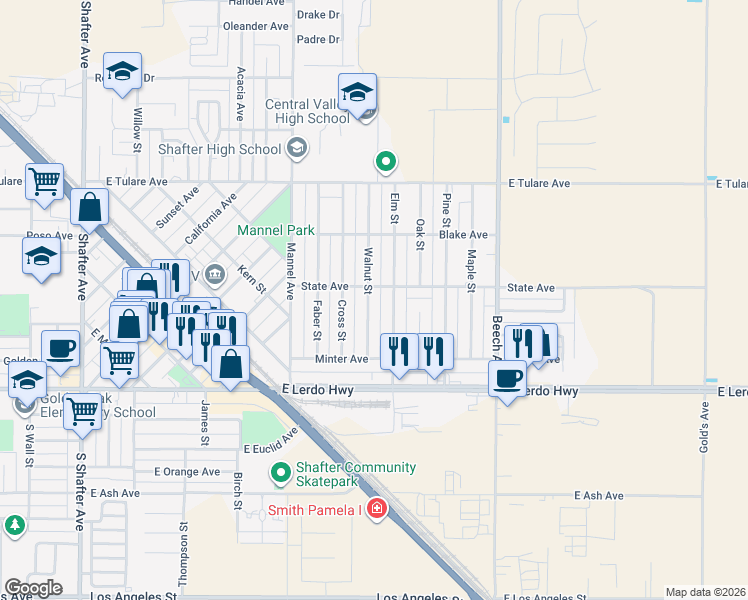 map of restaurants, bars, coffee shops, grocery stores, and more near 278 Walnut Street in Shafter