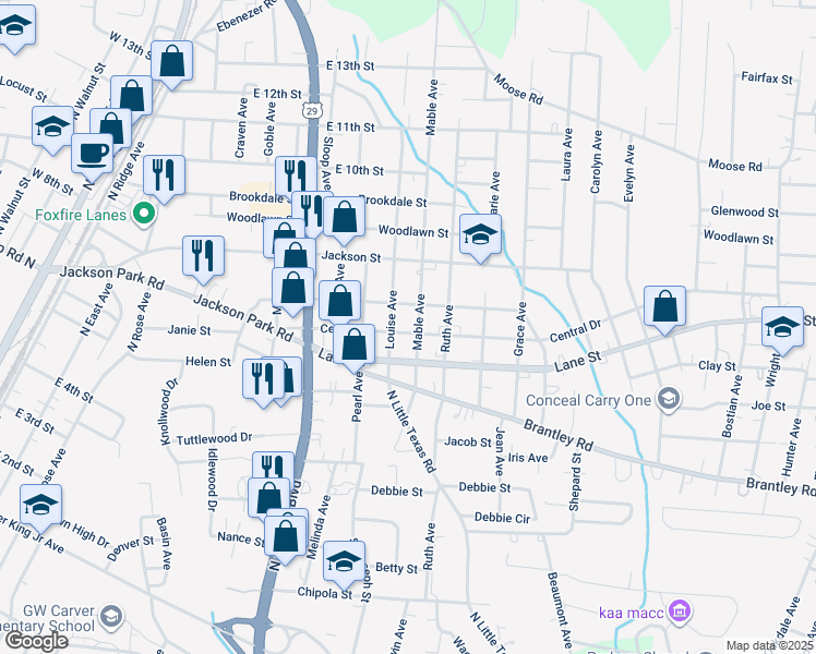 map of restaurants, bars, coffee shops, grocery stores, and more near 1105 Central Drive in Kannapolis