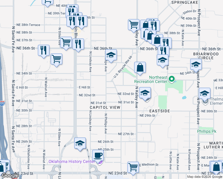 map of restaurants, bars, coffee shops, grocery stores, and more near 800 Northeast 33rd Street in Oklahoma City