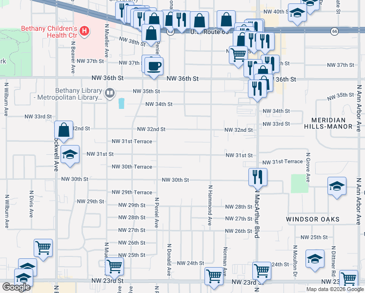 map of restaurants, bars, coffee shops, grocery stores, and more near 6402 Northwest 31st Terrace in Bethany