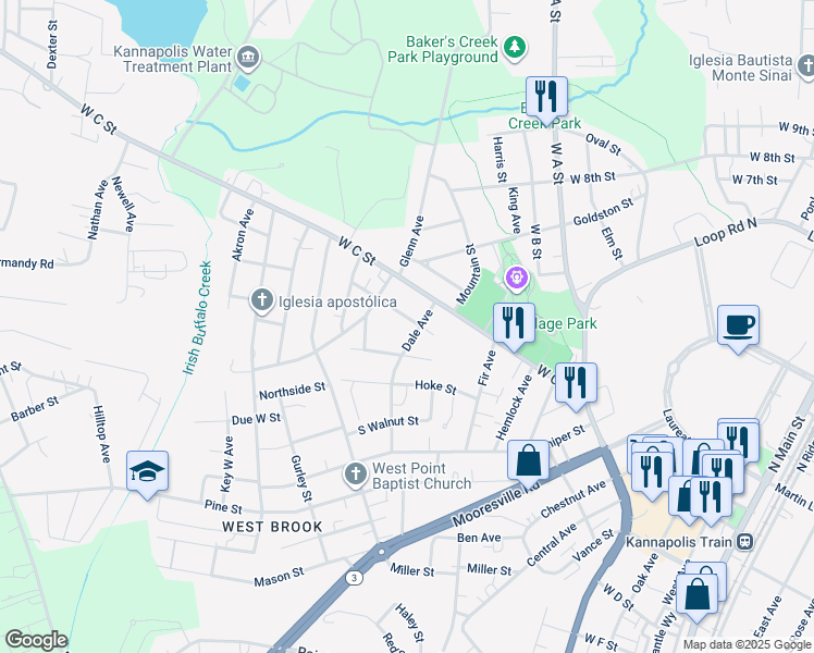 map of restaurants, bars, coffee shops, grocery stores, and more near 1003 Orangewood Street in Kannapolis