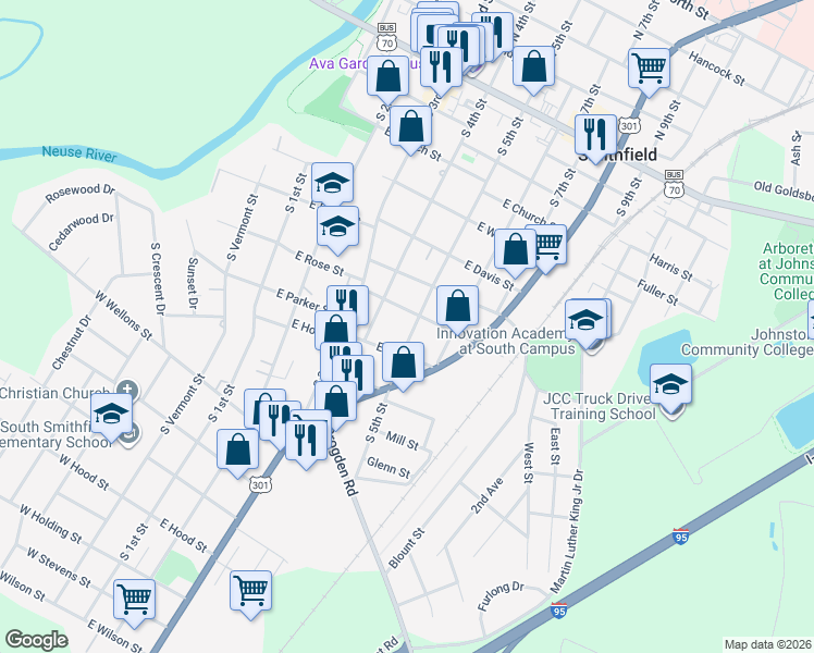 map of restaurants, bars, coffee shops, grocery stores, and more near 410 East Rose Street in Smithfield