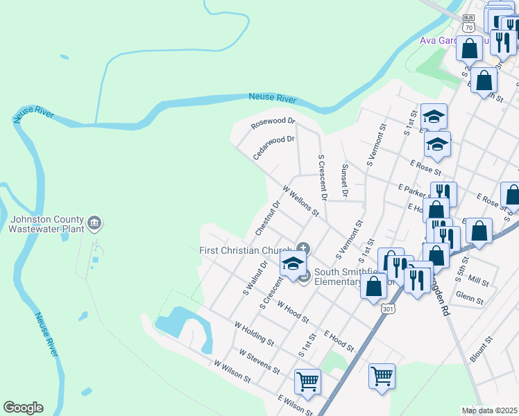 map of restaurants, bars, coffee shops, grocery stores, and more near in Smithfield