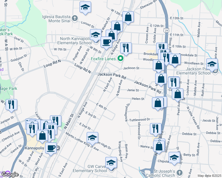 map of restaurants, bars, coffee shops, grocery stores, and more near 505 Ross Avenue in Kannapolis
