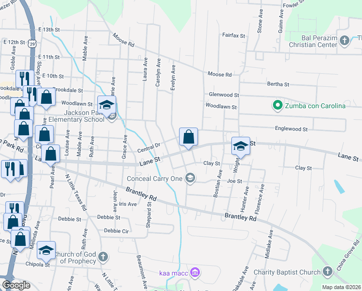 map of restaurants, bars, coffee shops, grocery stores, and more near 1705 Central Drive in Kannapolis