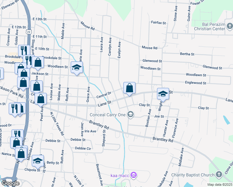 map of restaurants, bars, coffee shops, grocery stores, and more near 1705 Central Drive in Kannapolis