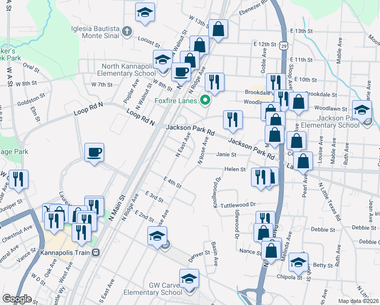 map of restaurants, bars, coffee shops, grocery stores, and more near 507 North East Avenue in Kannapolis