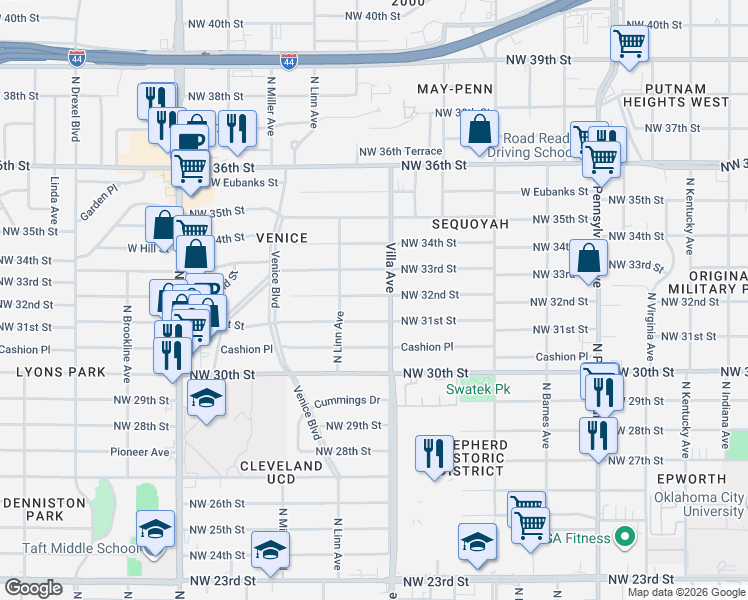 map of restaurants, bars, coffee shops, grocery stores, and more near 2505 Northwest 32nd Street in Oklahoma City