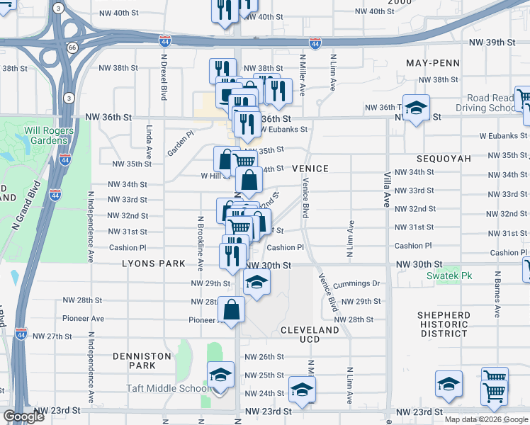 map of restaurants, bars, coffee shops, grocery stores, and more near 2737 Northwest 32nd Street in Oklahoma City