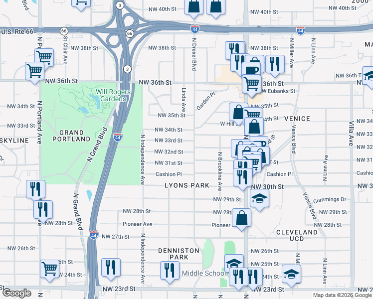 map of restaurants, bars, coffee shops, grocery stores, and more near 3104 Northwest 33rd Street in Oklahoma City