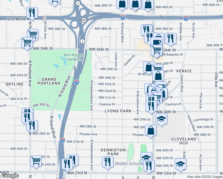 map of restaurants, bars, coffee shops, grocery stores, and more near 3140 Northwest 33rd Street in Oklahoma City