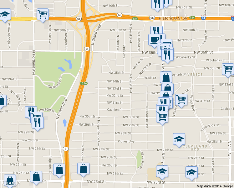 map of restaurants, bars, coffee shops, grocery stores, and more near 3140 Northwest 33rd Street in Oklahoma City