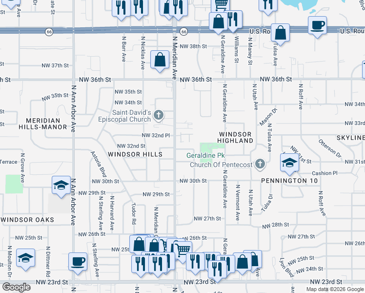 map of restaurants, bars, coffee shops, grocery stores, and more near 4438 Northwest 32nd Place in Oklahoma City