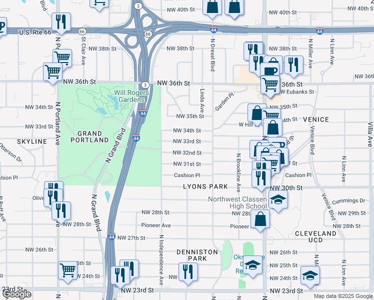 map of restaurants, bars, coffee shops, grocery stores, and more near 3149 Northwest 32nd Street in Oklahoma City