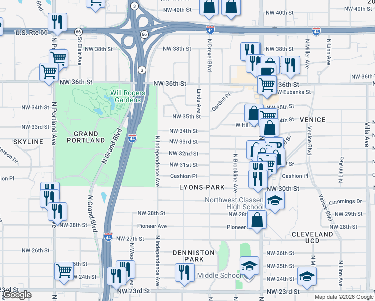 map of restaurants, bars, coffee shops, grocery stores, and more near 3140 Northwest 33rd Street in Oklahoma City