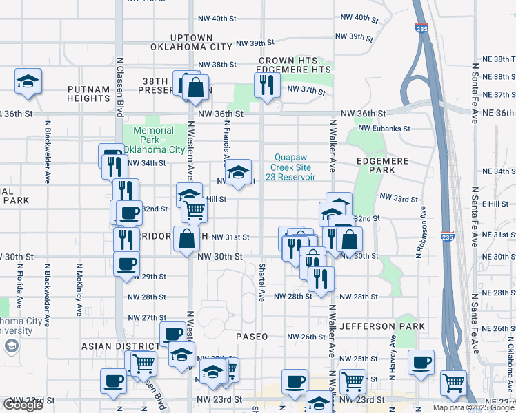 map of restaurants, bars, coffee shops, grocery stores, and more near 3317 North Shartel Avenue in Oklahoma City