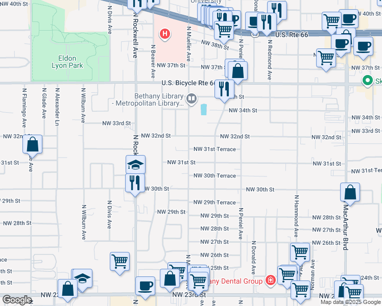 map of restaurants, bars, coffee shops, grocery stores, and more near 6719 Northwest 31st Terrace in Bethany