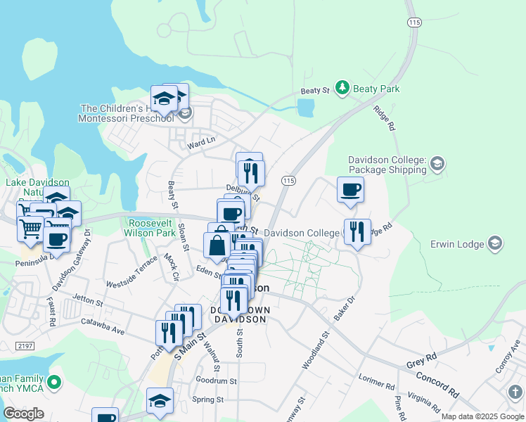map of restaurants, bars, coffee shops, grocery stores, and more near 511 North Main Street in Davidson