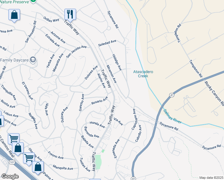 map of restaurants, bars, coffee shops, grocery stores, and more near 4985 Traffic Way in Atascadero