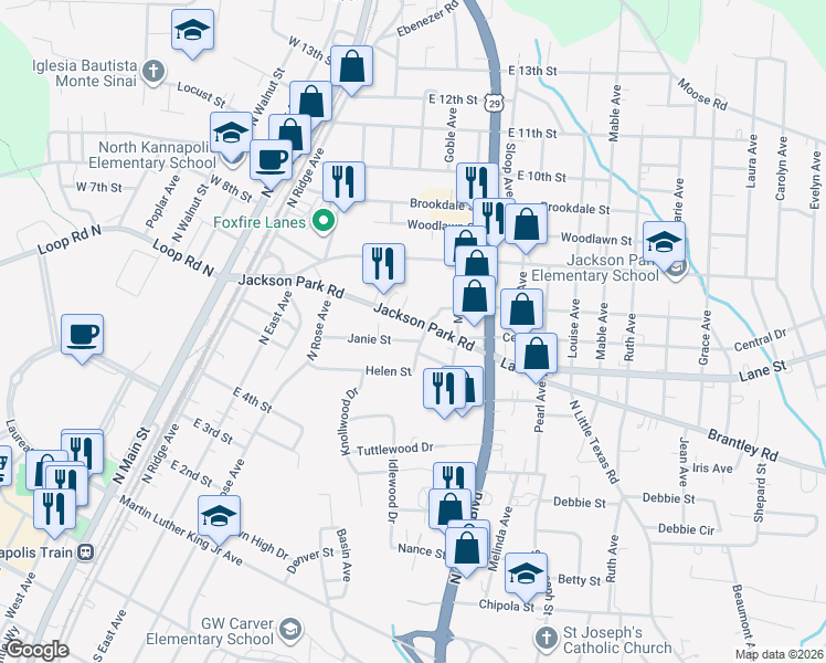 map of restaurants, bars, coffee shops, grocery stores, and more near 559 Jackson Park Road in Kannapolis