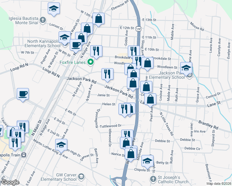 map of restaurants, bars, coffee shops, grocery stores, and more near 559 Jackson Park Road in Kannapolis