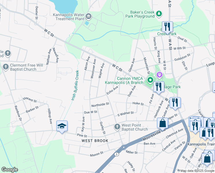 map of restaurants, bars, coffee shops, grocery stores, and more near 137 Franklin Avenue in Kannapolis