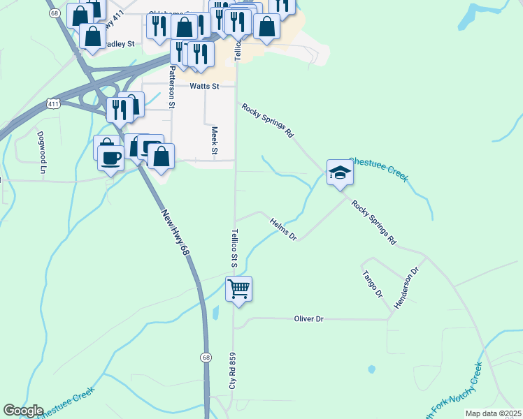 map of restaurants, bars, coffee shops, grocery stores, and more near 1117 Tellico Street South in Madisonville