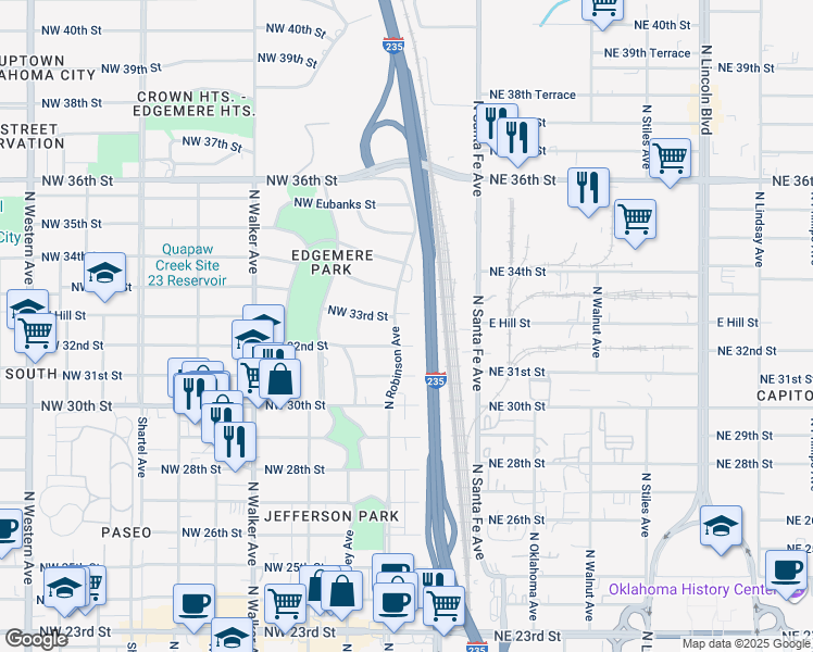 map of restaurants, bars, coffee shops, grocery stores, and more near 3404 North Robinson Avenue in Oklahoma City