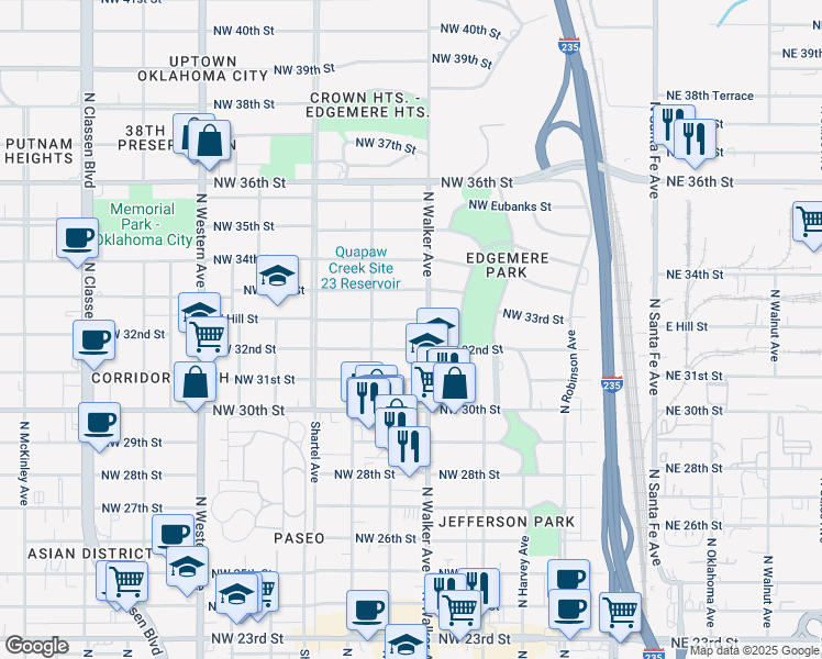 map of restaurants, bars, coffee shops, grocery stores, and more near 423 West Hill Street in Oklahoma City