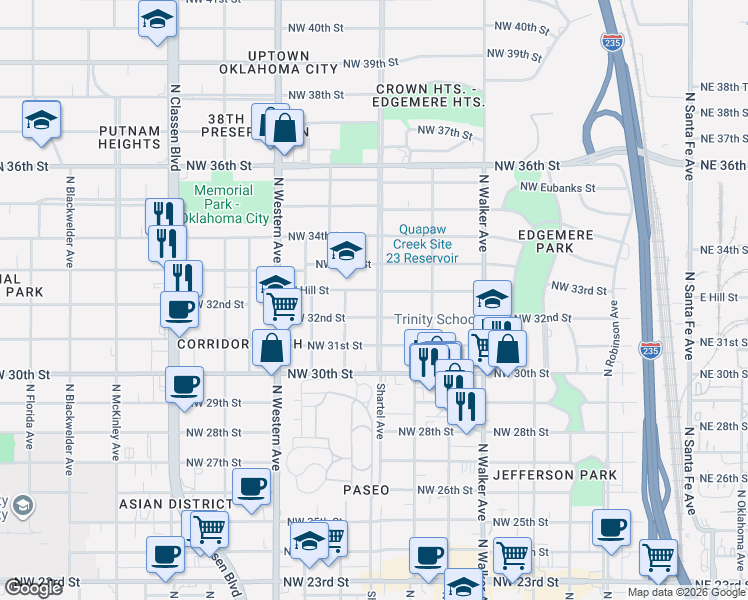 map of restaurants, bars, coffee shops, grocery stores, and more near 723 West Hill Street in Oklahoma City