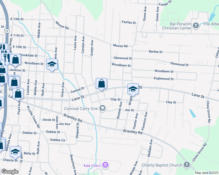 map of restaurants, bars, coffee shops, grocery stores, and more near 1843 Lane Street in Kannapolis