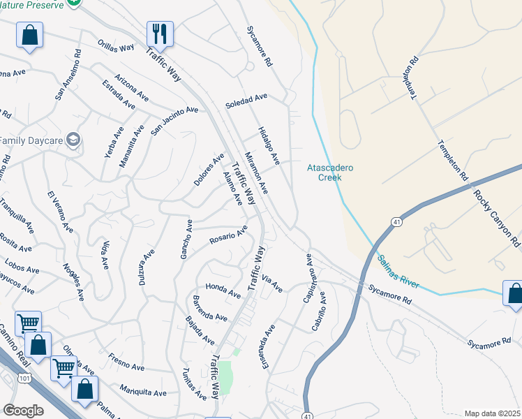 map of restaurants, bars, coffee shops, grocery stores, and more near 4985 Traffic Way in Atascadero