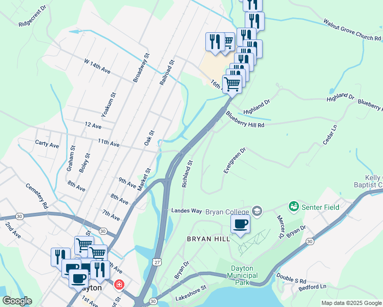 map of restaurants, bars, coffee shops, grocery stores, and more near 6986 Rhea County Highway in Dayton