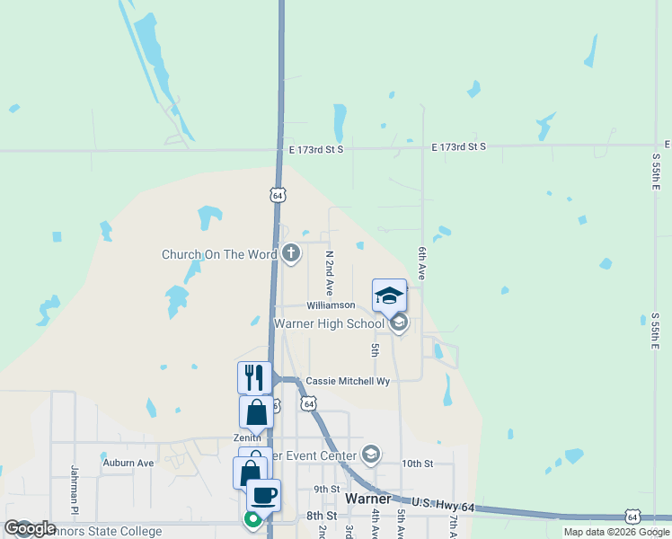 map of restaurants, bars, coffee shops, grocery stores, and more near 1509 North 2nd Avenue in Warner