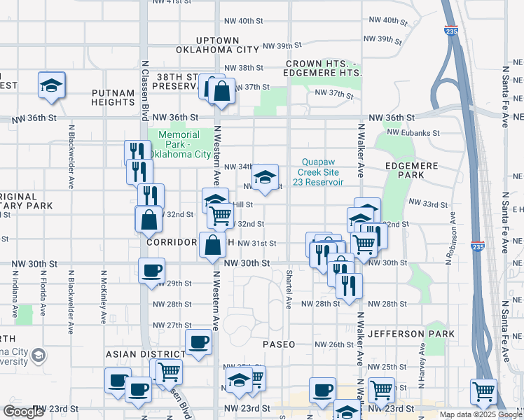 map of restaurants, bars, coffee shops, grocery stores, and more near 902 West Hill Street in Oklahoma City
