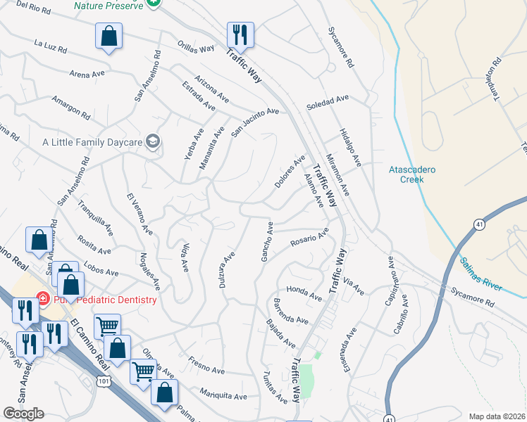 map of restaurants, bars, coffee shops, grocery stores, and more near 5425 Dolores Avenue in Atascadero