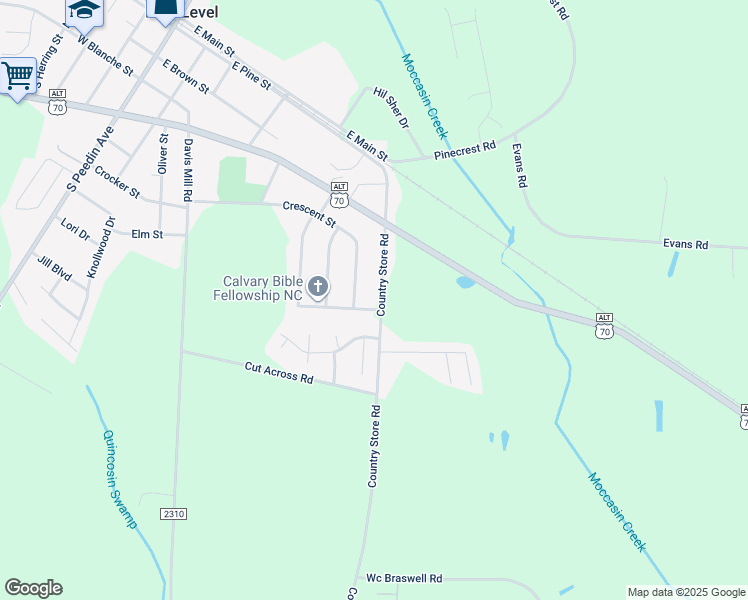 map of restaurants, bars, coffee shops, grocery stores, and more near 141 Country Store Road in Selma