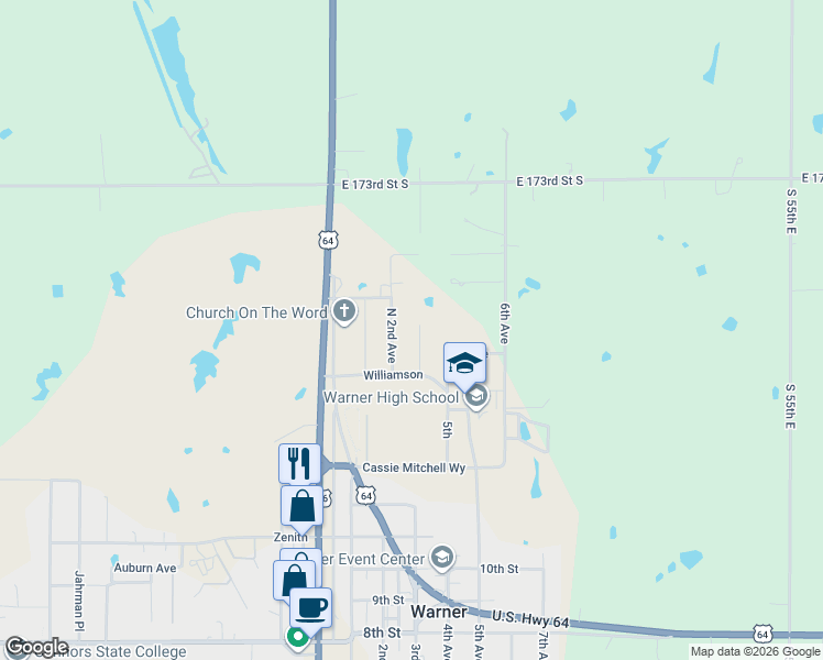 map of restaurants, bars, coffee shops, grocery stores, and more near 1509 North 2nd Avenue in Warner