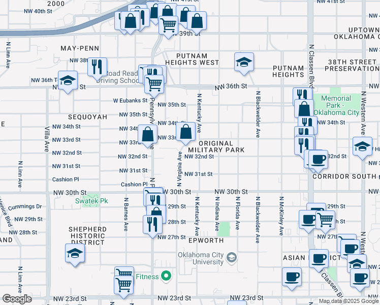 map of restaurants, bars, coffee shops, grocery stores, and more near 3312 North Virginia Avenue in Oklahoma City