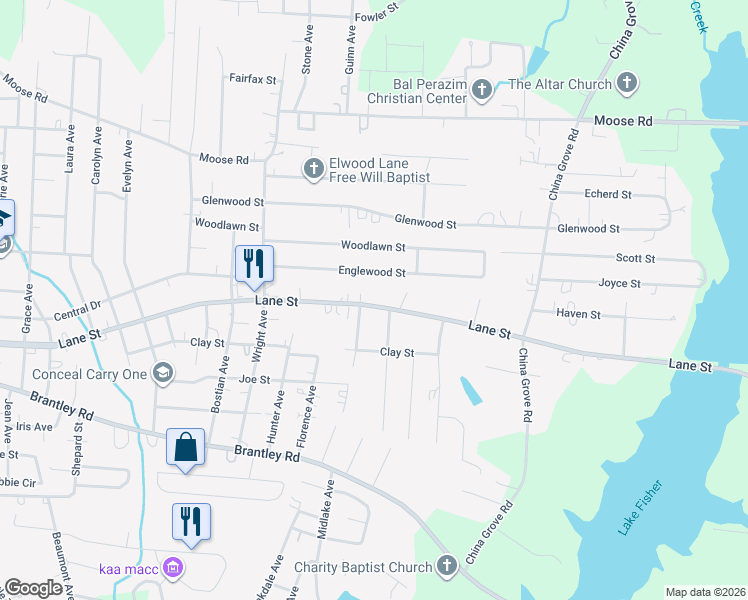 map of restaurants, bars, coffee shops, grocery stores, and more near 2205 Lane Street in Kannapolis