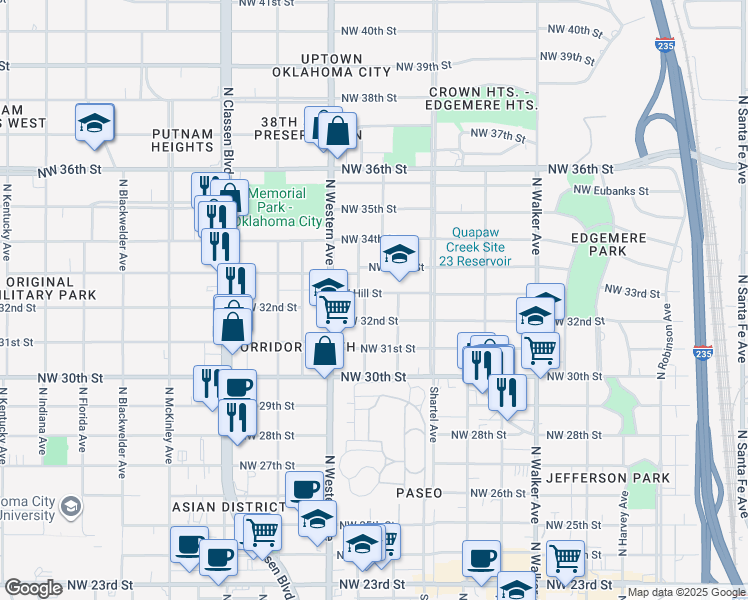 map of restaurants, bars, coffee shops, grocery stores, and more near 1000 West Hill Street in Oklahoma City