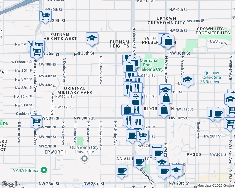 map of restaurants, bars, coffee shops, grocery stores, and more near 1433 Northwest 32nd Street in Oklahoma City