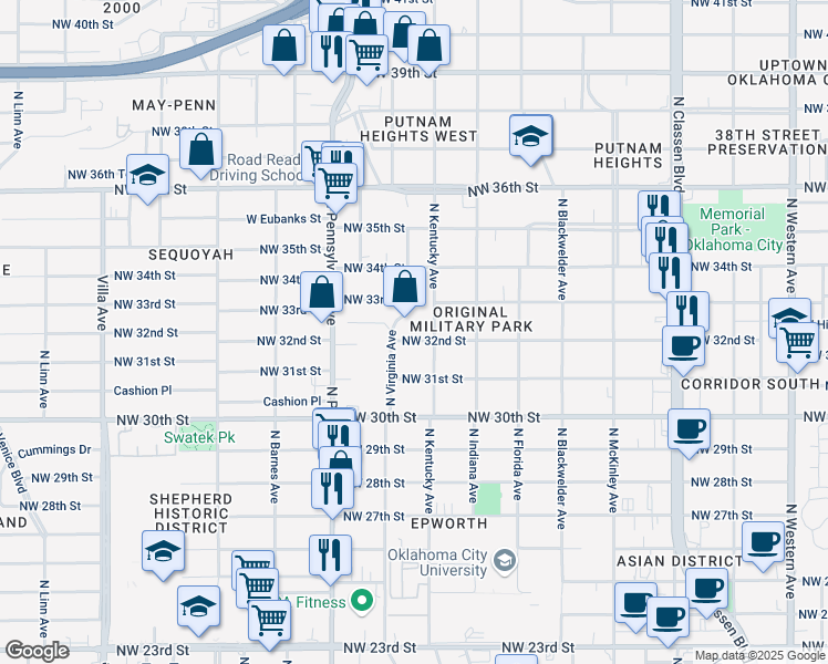 map of restaurants, bars, coffee shops, grocery stores, and more near 3312 North Virginia Avenue in Oklahoma City