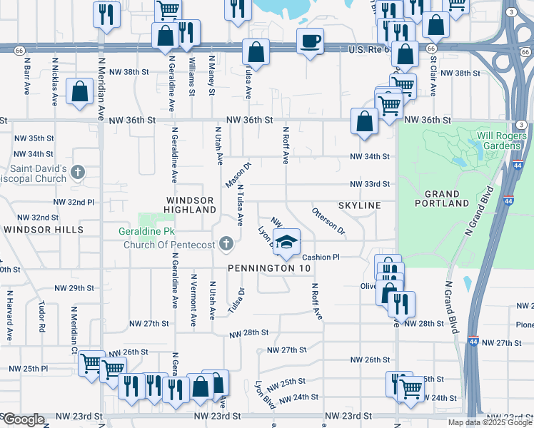 map of restaurants, bars, coffee shops, grocery stores, and more near 3208 Lyon Boulevard in Oklahoma City