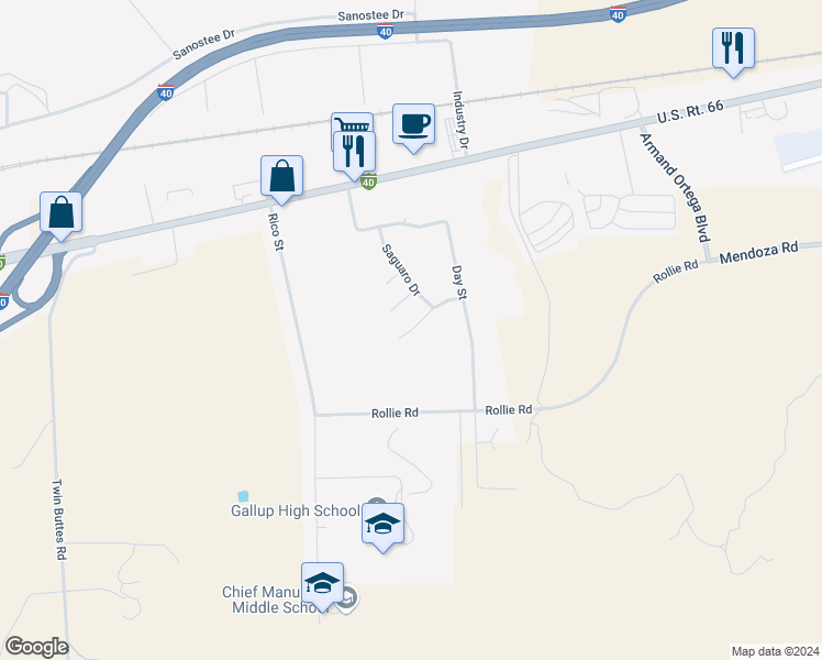 map of restaurants, bars, coffee shops, grocery stores, and more near 3066 Pueblo Court in Gallup