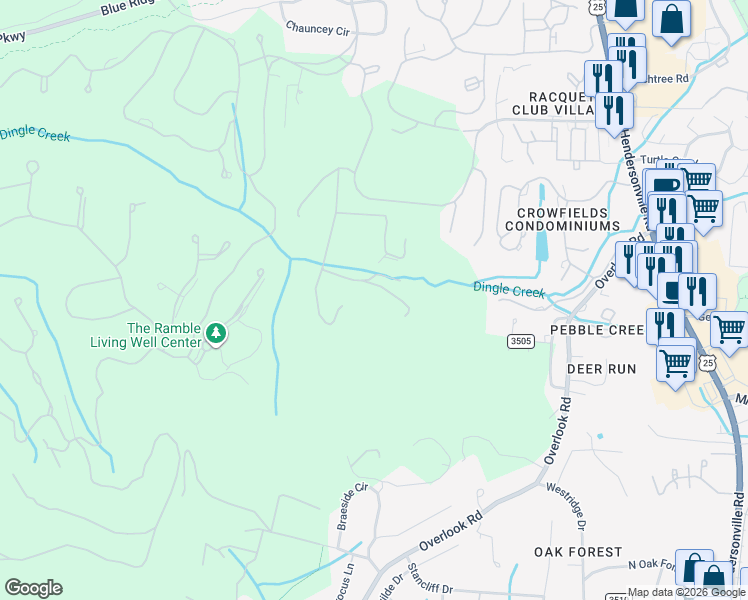 map of restaurants, bars, coffee shops, grocery stores, and more near 353 Dingle Creek Lane in Asheville